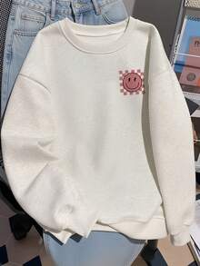 Pink & White Checkerboard Lightning Eye Smiling Face Back Print Cream White Crew Neck Sweatshirt, Retro American Loose Fit Pullover Top For Autumn/Winter - White Grey - View 4