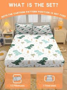 2/3PCSCartoon Dinosaur Fitted Sheet Green Dinosaur Palm Tree Print Bedding Set For All Seasons Twin/Full/Queen 100% Polyester Machine Washable - Multicolor - View 1
