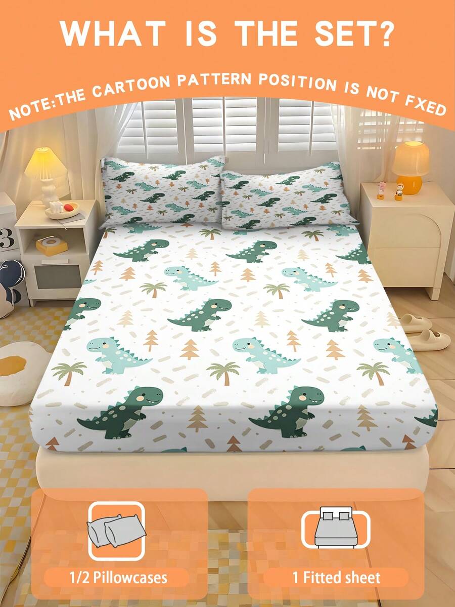 2/3PCSCartoon Dinosaur Fitted Sheet Green Dinosaur Palm Tree Print Bedding Set For All Seasons Twin/Full/Queen 100% Polyester Machine Washable - Multicolor - View 1