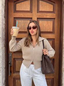 Sweater Rajut Joy untuk Wanita, Gaya Baru Musim Gugur/Dingin - Atasan Serbaguna - Fesyen Kasual Minimalis, Warna Polos, Resleting, Kerah Lebar, Musim Gugur - Aprikot - View 3