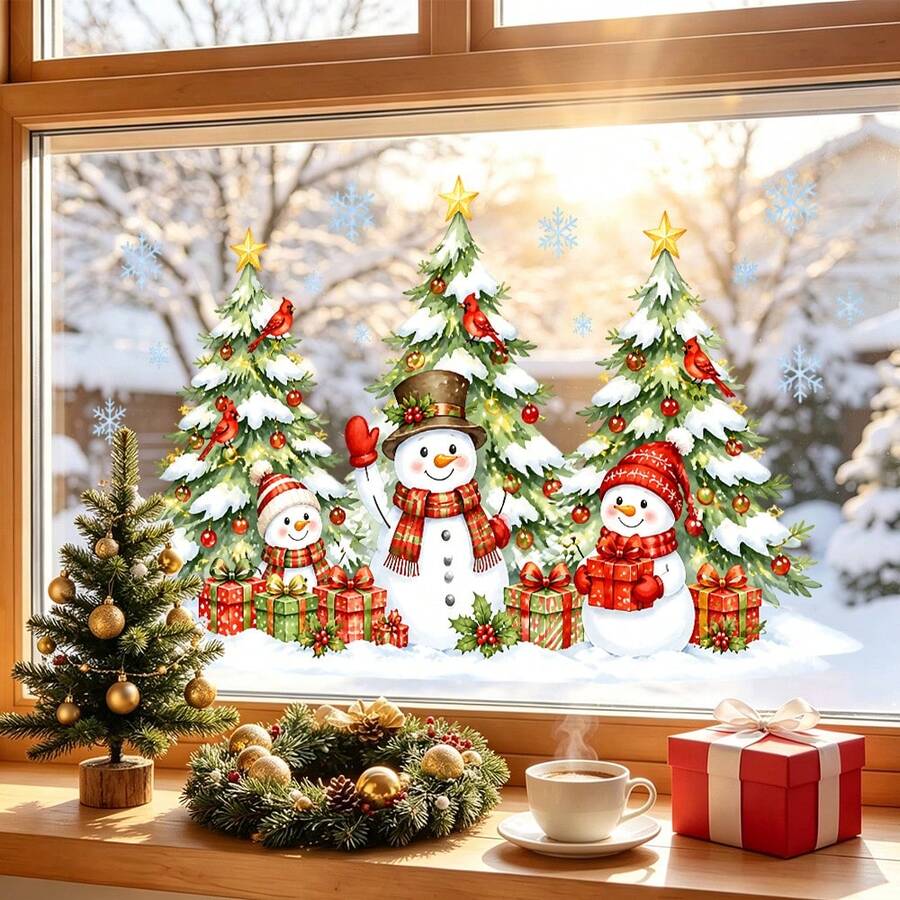 1/3pcs Festive Winter Christmas Static Window Decals, Cartoon Snowman Santa Pine Tree Gift Snowflake Glass Clings, Glue‑Free Reusable, For Home Store Front Door Window Xmas Holiday Wall Decor