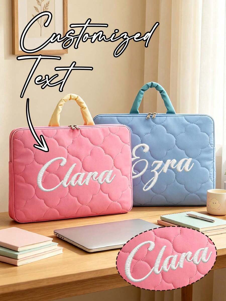 1pc Customized Embroidered Text Laptop Bag, Personalized Shockproof Laptop Sleeve With Top Handle, Solid Color Portable Laptop Tote Bag, Compatible With 13, 14, 15 Inch Large Capacity Laptop Bag, School Office Commute Gift Bag - Multicolor - View 1