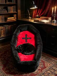 Gothic Coffin Shaped Pet Cat Bed, Soft Plush Warm Mat Bed, Cross Embroidery, Halloween Theme Anti-Slip Sleeping Nest, Suitable For Kittens And Young Cats - Multicolor - View 6