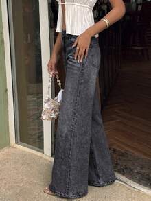 Women's Casual Gray Wide Leg Jeans, Button & Zipper Design, Solid Color Non-Stretch Minimalist Long Pants, Autumn New Outfit - Grey - View 3