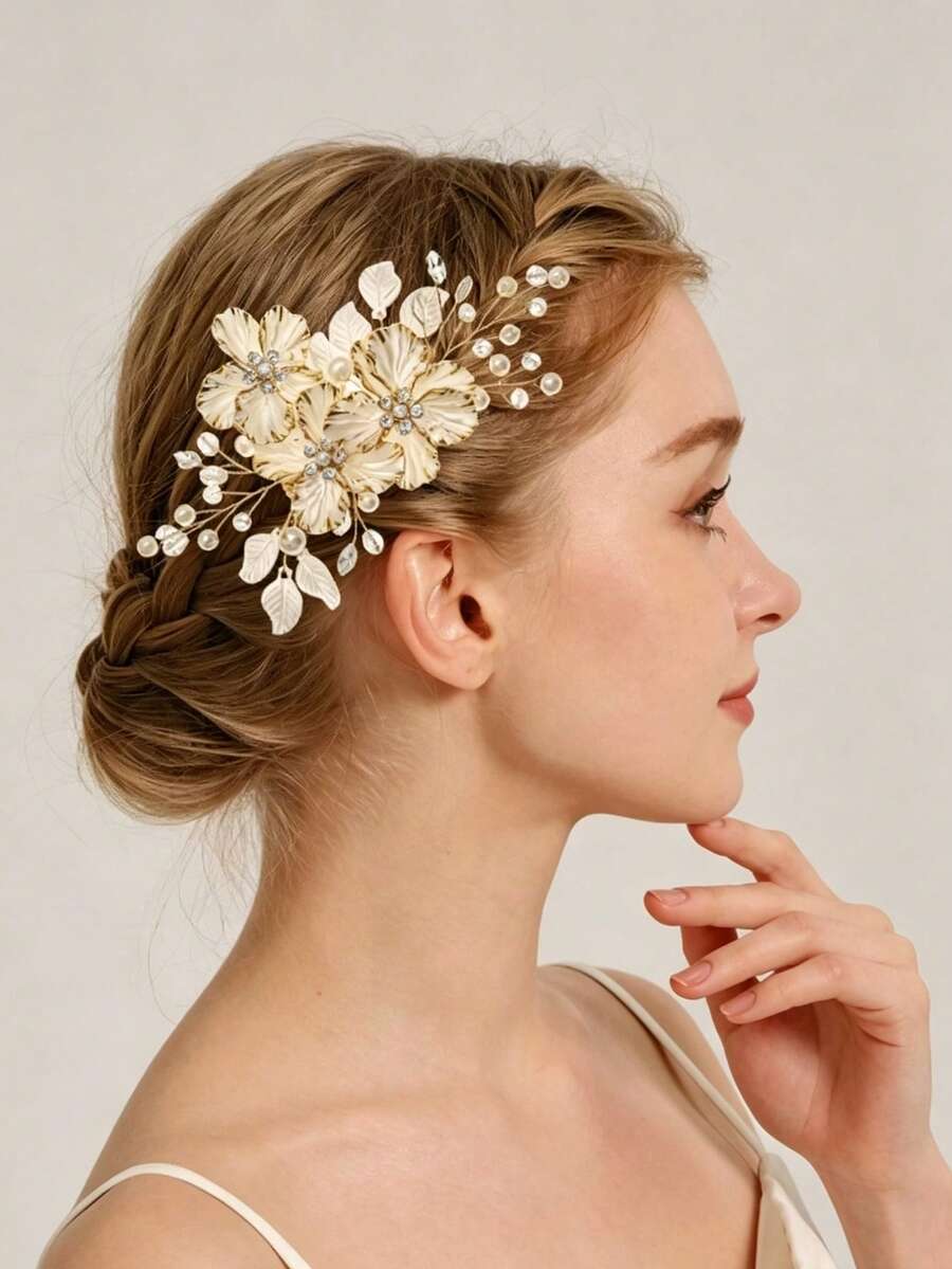 1pc Women's Gold-Trimmed Floral Rhinestone Plum Blossom Hair Clip, Bridal Wedding Hair Pin Decorative Hair Clip - Gold - View 1