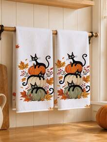 2pcs Autumn Halloween Cute Pumpkin & Black Cat Pattern Kitchen Towels, Soft Polyester Dish Cloths, Suitable For Kitchen Decor, Kitchen Cleaning, Holiday Party Decoration, Kitchen & Bathroom Supplies, Home Essentials, Home Decor, Housewarming Gift - Multicolor - View 2