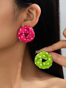 Y2K Sweet & Cool Polka Dot Circle Earrings, Contrast Color Thick Hoop Design, Versatile Earrings For Party And Formal Dress - Polka Dot Rose Red Circle - View 2