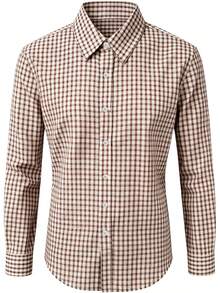 Men's Casual Brown Plaid Long Sleeve Shirt - Brown - View 3