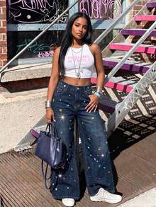 Pearl Embellishment Low Waist Wide Leg Casual Blue Slanted Pocket Curved Women'S Jeans Spring Fall - Dark Wash - View 2