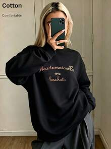 Oversized Women's Sweatshirt For Autumn/Winter, Casual Daily Wear, Long Sleeve Hoodie, Outerwear Top, Y2K, Letter Slogan Graphic, Unisex, Streetwear - Black - View 1