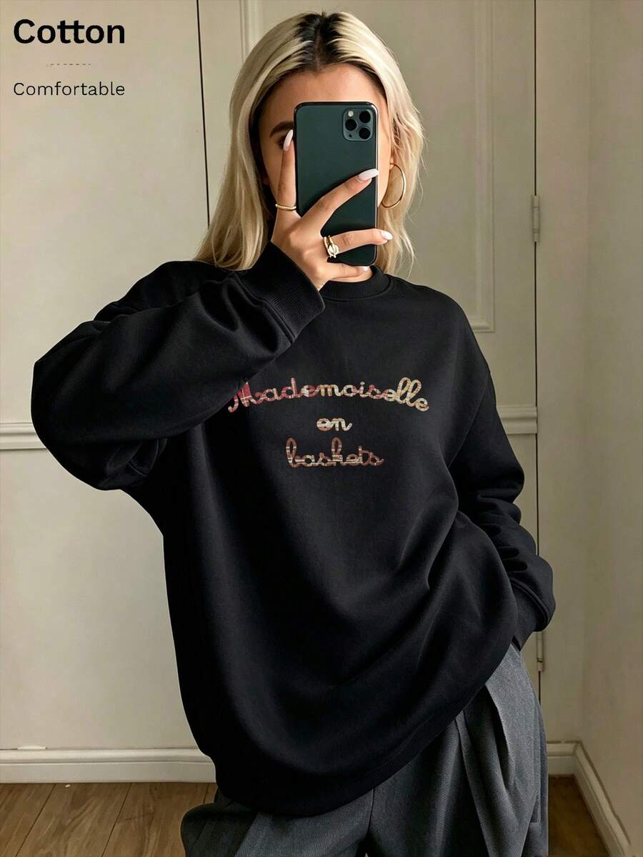 Oversized Women's Sweatshirt For Autumn/Winter, Casual Daily Wear, Long Sleeve Hoodie, Outerwear Top, Y2K, Letter Slogan Graphic, Unisex, Streetwear - Black - View 1