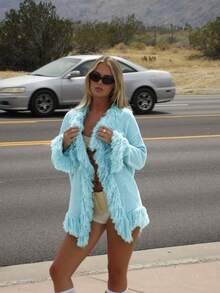 Light Blue Tassel Decor Women's Cardigan, Long Sleeve Round Neck Short Sweater, Winter Clothing - Baby Blue - View 2