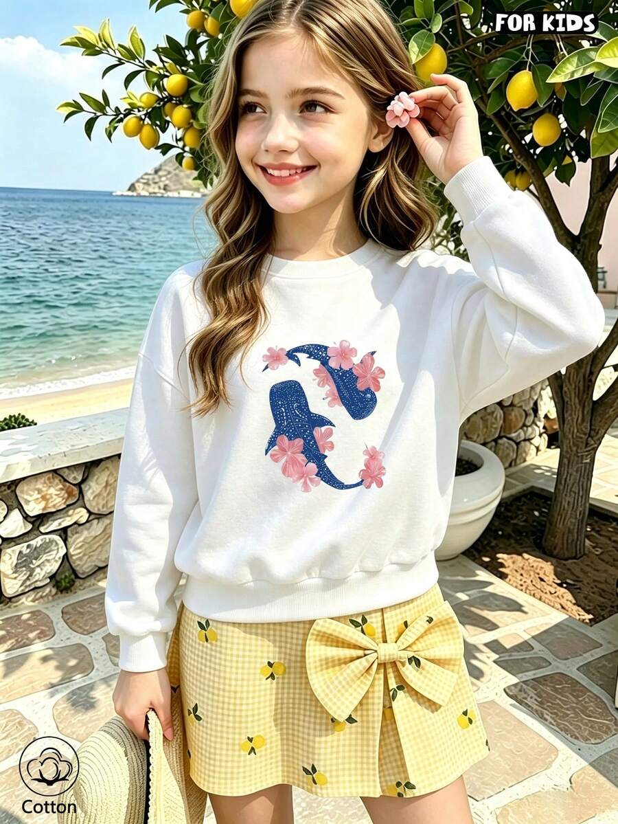Kids' Cartoon Print Loose Crew Neck Sweatshirt, Breathable Casual Pullover, Suitable For Spring/Autumn Outdoor Daily Wear - White - View 1