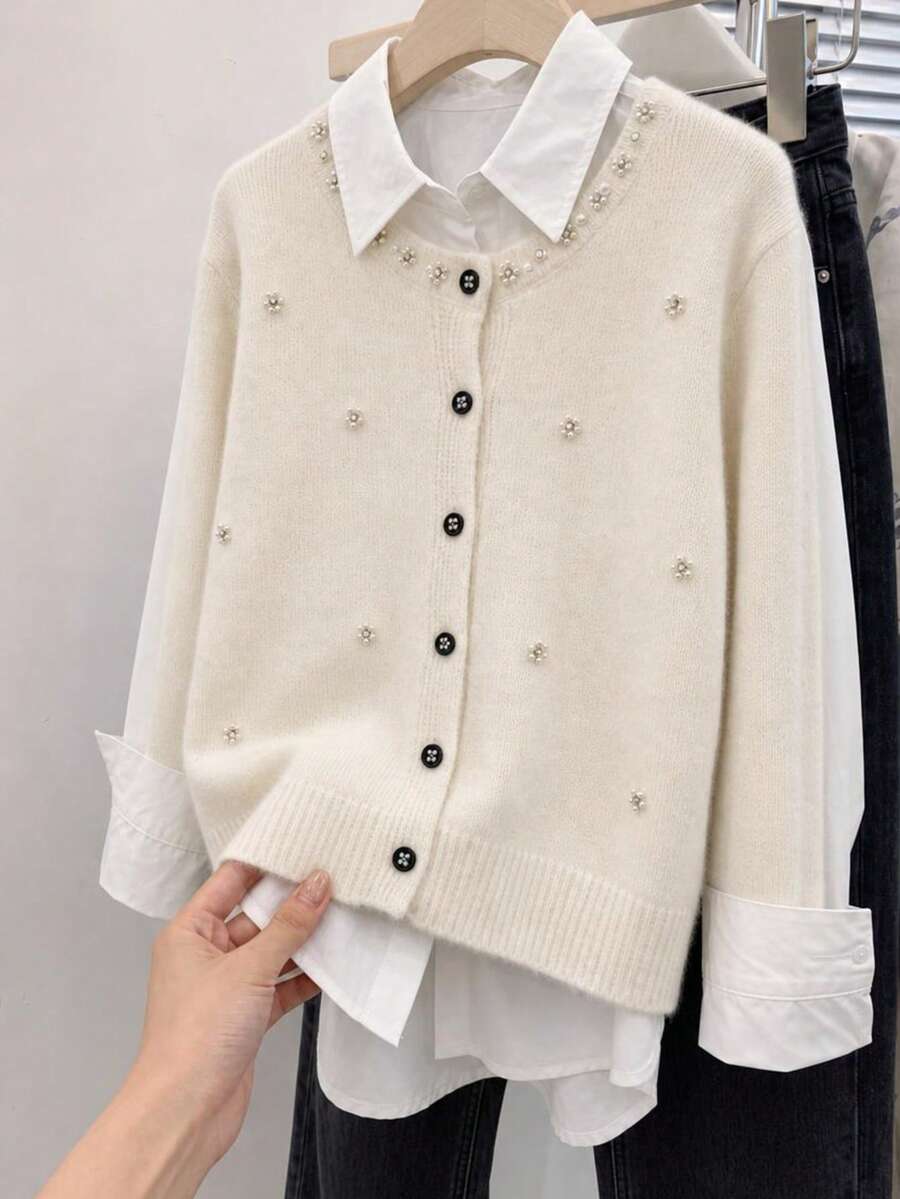 JIANHU White Faux Pearl Decorated Knit Cardigan - Autumn/Winter Cardigan, Adorned With Crystal Buttons And Exquisite Details. Fall - White - View 1