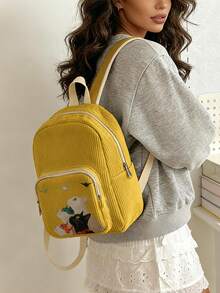 1 Piece Backpack, Women's Mini Backpack, Corduroy Girl School Bag, Travel Storage Bag, Kitten Printed Design, Large‑Capacity Foldable Easy‑To‑Store Bag, Lightweight & Pressure‑Relieving, Multi‑Pocket Layered Design With Zipper Closure - Four Little Cats 3334073 - View 2