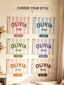 Personalized Name Wall Tapestry, Custom Text Blue & White Striped Hanging Flag With Metal Grommets, Bedroom Living Room Wall Decor, Home Decoration And Housewarming Gift - Multicolor - View 3