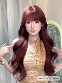 alicegarden 28-Inch Long Synthetic Wig Featuring A Natural Wavy Style In A A Stunning Burgundy. Designed With Bangs , This False Hairpiece Is Perfect For Ms Daily Party Cosplay Use, Offering A Natural And Natural Durable Wig Gift For Ladies. - Burgundy - View 3