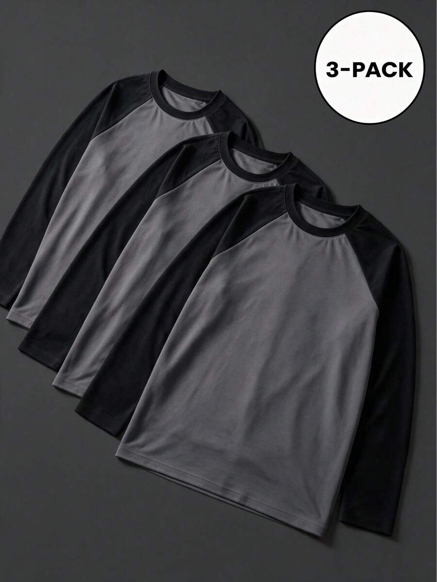 Camvyn 男士 3 件組 T 恤,秋季拼接配色設計修身版型插肩袖圓領長袖 T 恤,休閒百搭日常穿著 - 黑色 - 查看 1