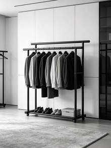 1 Pc Black Double‑Bar Movable Floor Coat Rack, High‑Low Double‑Bar Hanging Design, Bottom Storage Layer, Universal Casters For Easy Movement, Suitable For Bedrooms, Entrances And Cloakrooms To Hang Clothes And Bags - Double-bar Drying Rack - View 8
