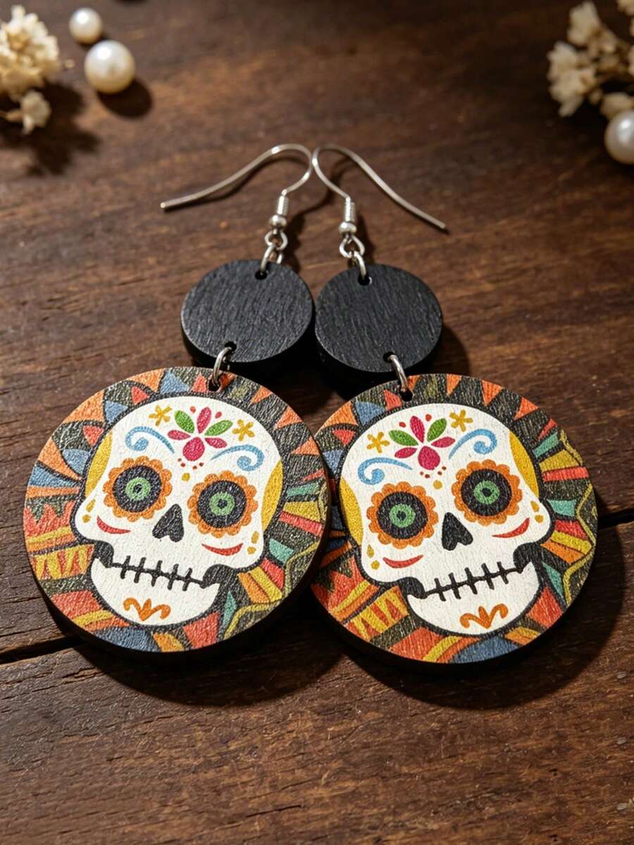 1 Pair Mexican Day Of The Dead Colorful Skull Wooden Earrings, Double Layer Round Disc Vintage Halloween Earrings - Multicolor - View 1
