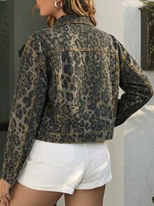 Women's Y2K Denim Jacket, Lapel Long Sleeve Aviator Jacket, Vintage Grunge Style - Leopard - View 4