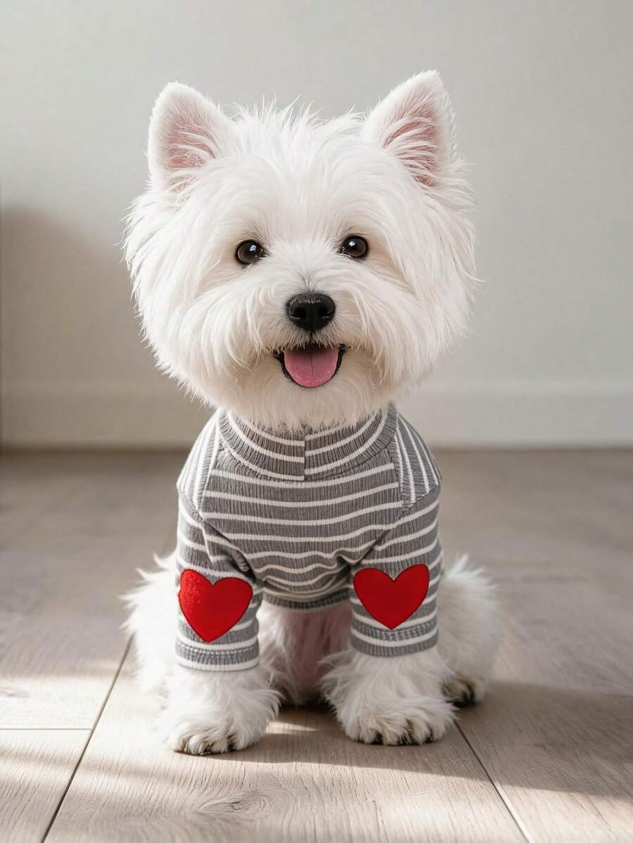 PETCIRCLE قطعة واحدة ملابس حيوانات أليفة للكلاب والقطط، ملابس للكلاب الصغيرة والجراء، قمة طبقة أساسية بشكل قلب لطيف - رمادي وأبيض مخطط - رمادي - مشاهدة 1