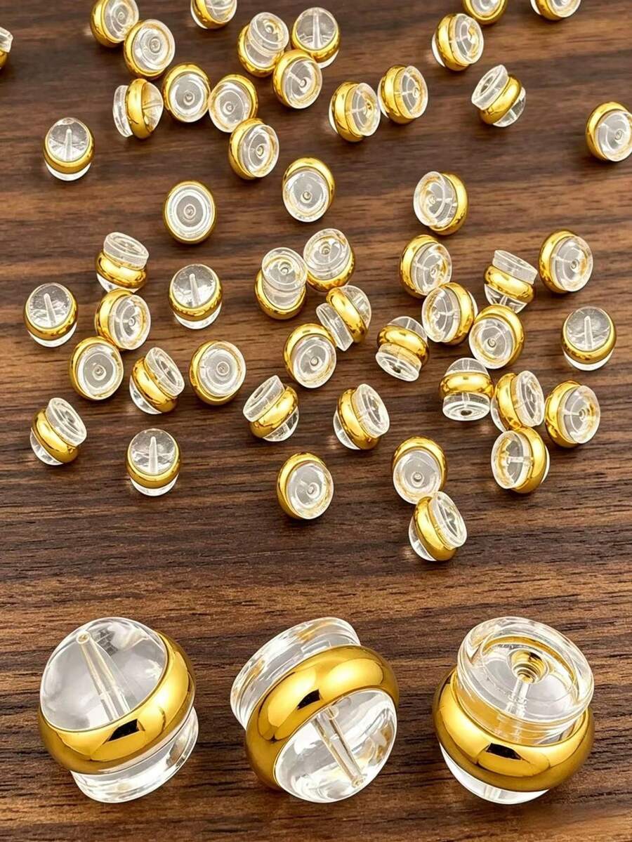 10/50pcs Earring Backs, Silicone Earring Backs, Suitable For Studs/Dangle Earrings, Locking Safety Earring Backs, Suitable For Heavier Earrings, Non-Irritating Low-Allergy Soft Transparent Earring Backs Replacement - Gold - View 1