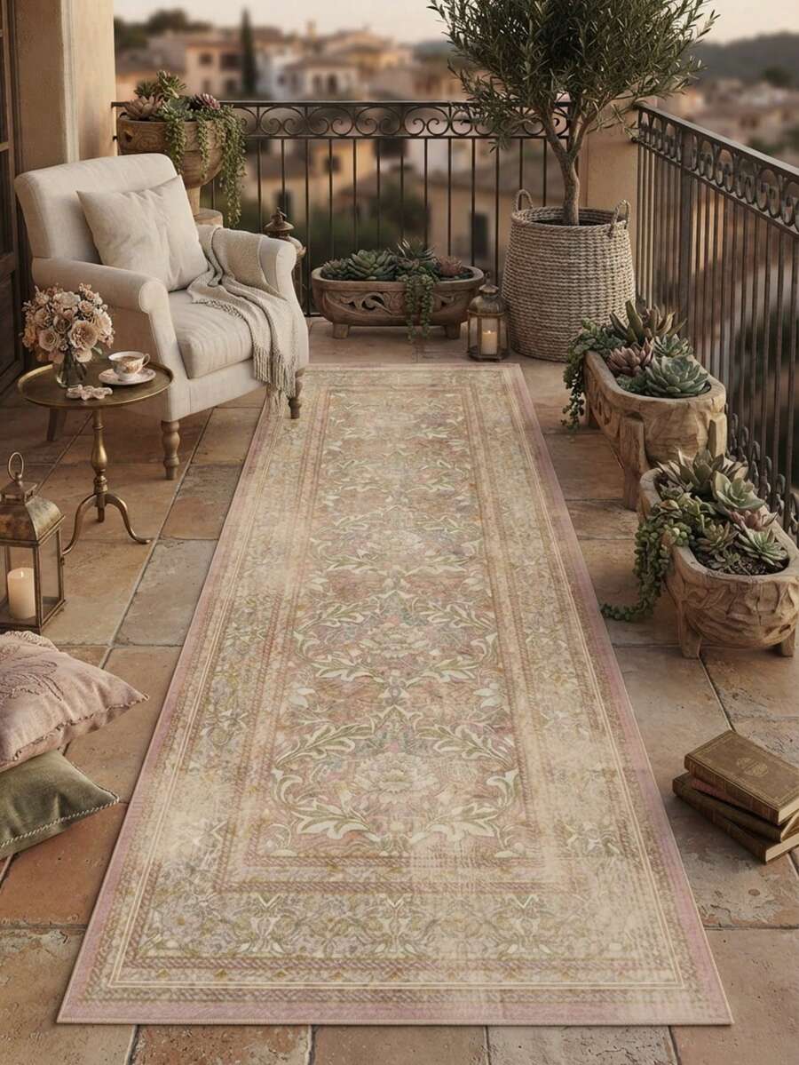 1PC Vintage Distressed Pink Orange Floral Vine Long Runner Rug, French Country Style Faux Cashmere Rectangular Multi-Layer Border Washed Texture Machine Washable Long Mat, Suitable For Living Room, Hallway, Entryway Home Decor - Multicolor - View 1