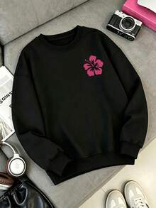 Pink Lily Flower Print On Both Sides, Soft And Breathable, Women's Plus Size Crew Neck Sweatshirt, Suitable For Autumn/Winter Wear - Black - View 2