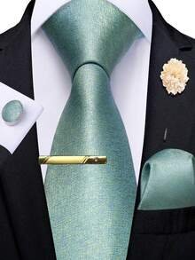 5Pcs Men Mint Green Tie Pocket Square Cufflinks Boutonniere Tie Clip Set, Random Cufflink Pattern, Suit Accessories For Wedding - Mint Green - View 2