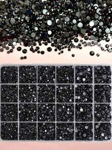 1 Box Black Resin Rhinestone Set, Multi-Size Black Rhinestones , Suitable For DIY Nail Art, Halloween And Party Decoration - 48 Slots - View 3