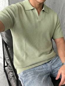 男士純色華夫格針織翻領 Polo 衫，短袖休閒上衣，薄款 - 綠色 - 查看 4
