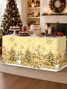 1pc Christmas Table Skirt, Vintage Gold Santa Claus Snowman Xmas Tree Pattern Polyester Rectangle Xmas Table Cover 5 Hook-And-Loop Fasteners, Festive Winter Holiday Kitchen Dining Table Decor Christmas Decorations For Home Dessert Table Cabinet Decor - Golden Santa Claus - View 1