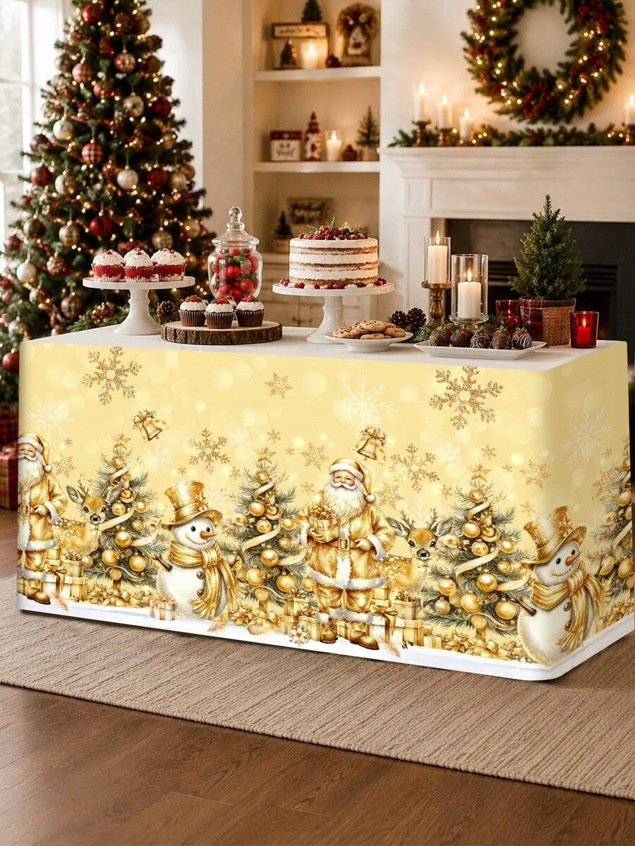 1pc Christmas Table Skirt, Vintage Gold Santa Claus Snowman Xmas Tree Pattern Polyester Rectangle Xmas Table Cover 5 Hook-And-Loop Fasteners, Festive Winter Holiday Kitchen Dining Table Decor Christmas Decorations For Home Dessert Table Cabinet Decor - Golden Santa Claus - View 1