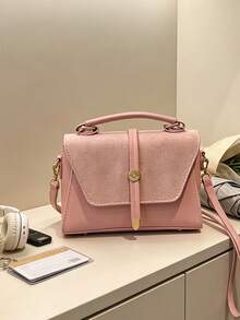Handbag With Suede And PU Patchwork Flap Design, Structured Small Square Body Resistant To Softening And Deformation, Interior Space Can Store Phone, Lipstick, Powder, Earphones And Other Daily Essentials, Suitable For Work, Commute, Shopping, Dating And Daily Outings - Pink - View 9