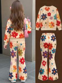 Tween Girl 3D Floral Pattern Decorated Crew Neck Sports Sweatshirt And Flare Pants Set - Khaki - View 2