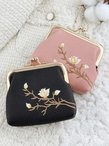 Fashionable Flower Embroidery Appearance, Multi-Functional And Compact Design With A Clip Opening And Closing, Portable Coin Purse And Card Bag - Pink - View 4