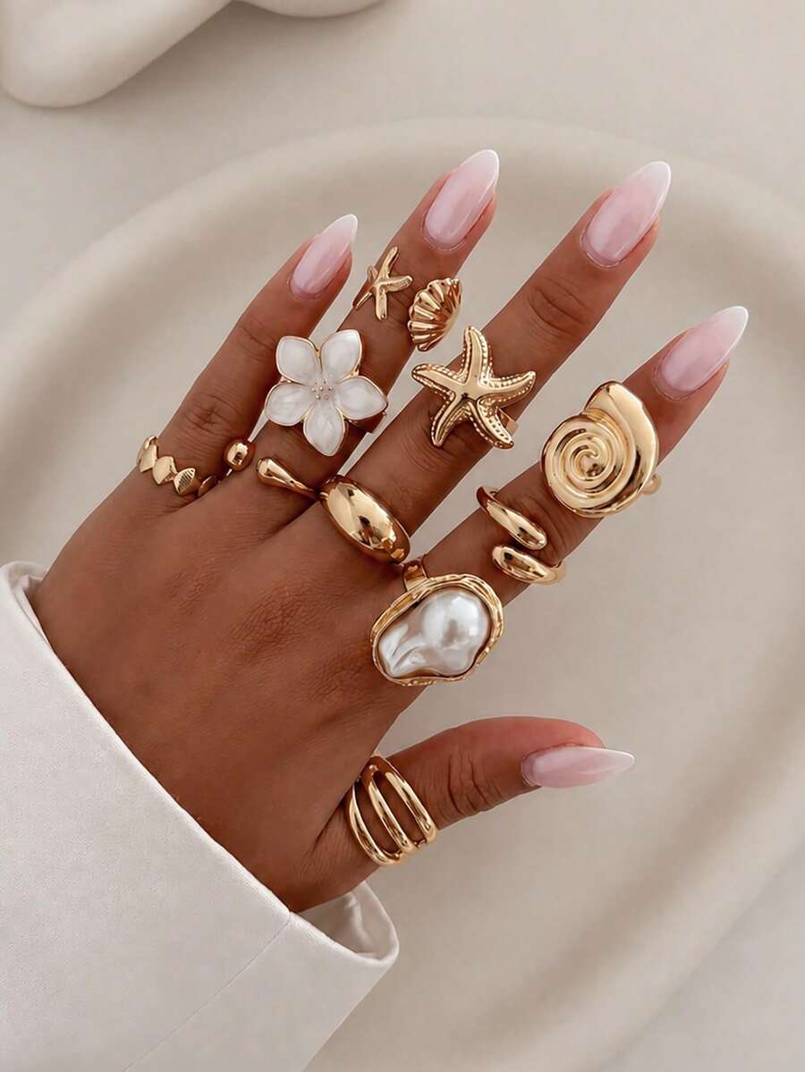 10pcs Bohemian Vacation Style Oil Drop Flower & Starfish Ring Set, Sweet Cool Girl Ins Style Alloy Flower Ocean Stackable Rings, Holiday Gift, Beach Vacation, Birthday Gift, Exquisite Jewelry - Yellow Gold - View 1
