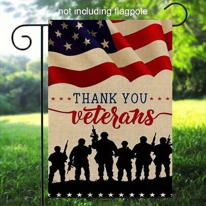 2D Flat, 1pc Patriotic Military Tribute Garden Flag, Printed With American Flag And "Thank You Veterans" Design, Suitable For Home, Garden And Holiday Decoration, Holiday Garden Decor | Patriotic, Outdoor Decor, Patriotic Homeowner, Flag Only, Polyester Material, 12*18 Inches, Single-Sided Printing