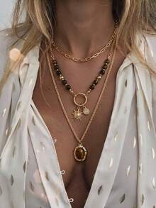 3pcs/Set Vintage Luxury Tiger Eye Beaded Sun Pendant Necklace Set, Fashionable Maillard Color Scheme Women's Neck Jewelry, Suitable For Daily Wear, Shopping, Party, Gathering, Autumn/Winter Outfit And Music Festival - Multicolor - View 2