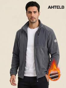 AHTELB Men's Warm Fleece Jacket, Fashionable Versatile Colorblock Patchwork Stand Collar Zipper Pocket Coat, Autumn - Grey - View 1