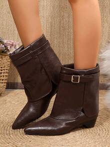 Autumn/Winter New Women's Ankle Boots And Short Boots, Pointed Toe Chunky Heel Slim Fit Boots, Ruched Stacked Short Boots, Slip-On Metal Buckle Decor, Commute Versatile Daily Pants Boots - Coffee Brown - View 4
