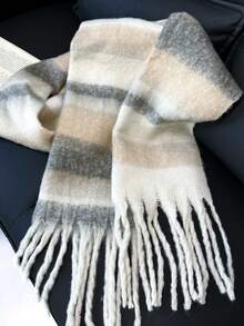 1pc Plaid Warm Decorative Tassel Scarf Suitable For Daily Use - Gray and White Stripes - View 4