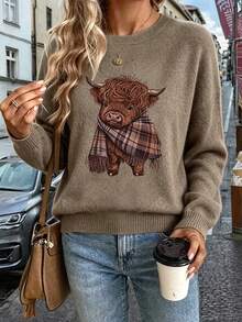 Autumn/Winter Essential: Cute Highland Cow Plaid Knit Scarf, Casual & Warm, With Adorable Animal Pattern, Elevate Your Seasonal Look - Earth Gray - View 8