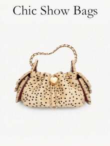 Polka Dot Fuzzy Bucket Bag, Cute Heart Metal Chain Crossbody Bag, Fluffy Drawstring Shoulder Purse For Party Daily - Khaki - View 8