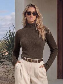 NiceArt Sweater Rajut Campuran Wol Slim Fit Bergaris Leher Tinggi Warna Cokelat Kopi Gelap Vintage Musim Gugur/Dingin untuk Wanita, Pakaian Musim Gugur, Perjalanan ke Kantor, Halloween - Coklat - View 3