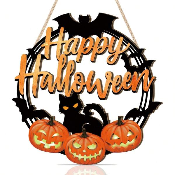 1pc 2D Wooden Halloween Door Decor, Halloween Wreath With Ghost Pumpkin, Black Cat And Bat, Front Door Hanging Decoration, Wooden Hanging Sign Wall Decor, Suitable For Room