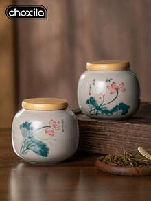 choxila 1pc Ceramic Tea Canister, Tea Container, Sealed Container, Traditional Chinese Style Household Storage Jar, Storage Jar, Porcelain Container, Tea Storage Canister - Tea Canister - View 1