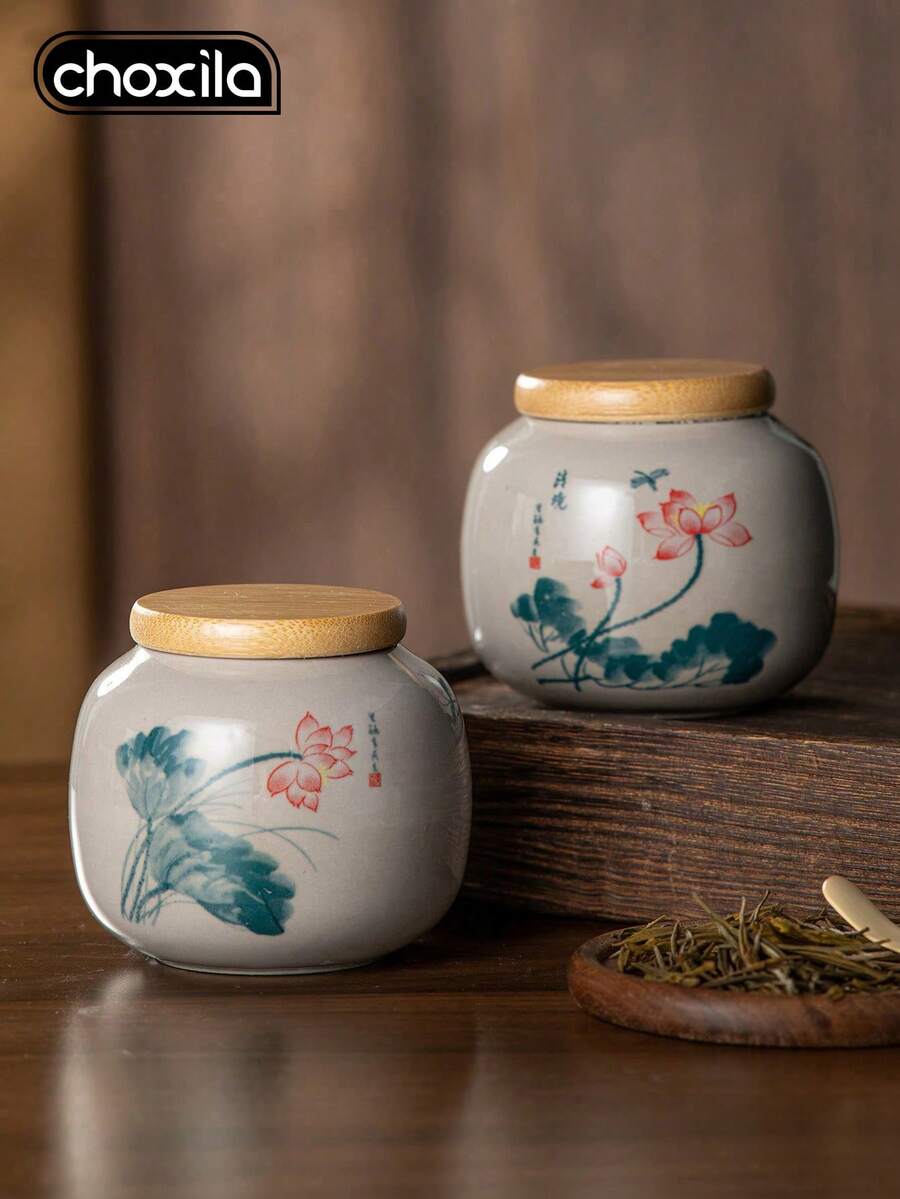 choxila 1pc Ceramic Tea Canister, Tea Container, Sealed Container, Traditional Chinese Style Household Storage Jar, Storage Jar, Porcelain Container, Tea Storage Canister - Tea Canister - View 1