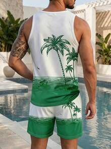Men's Summer Palm Tree Print Sleeveless Tank Top And Casual Shorts Set, Men's Vacation Style Sleeveless Tank Top Set - Multicolor - View 4